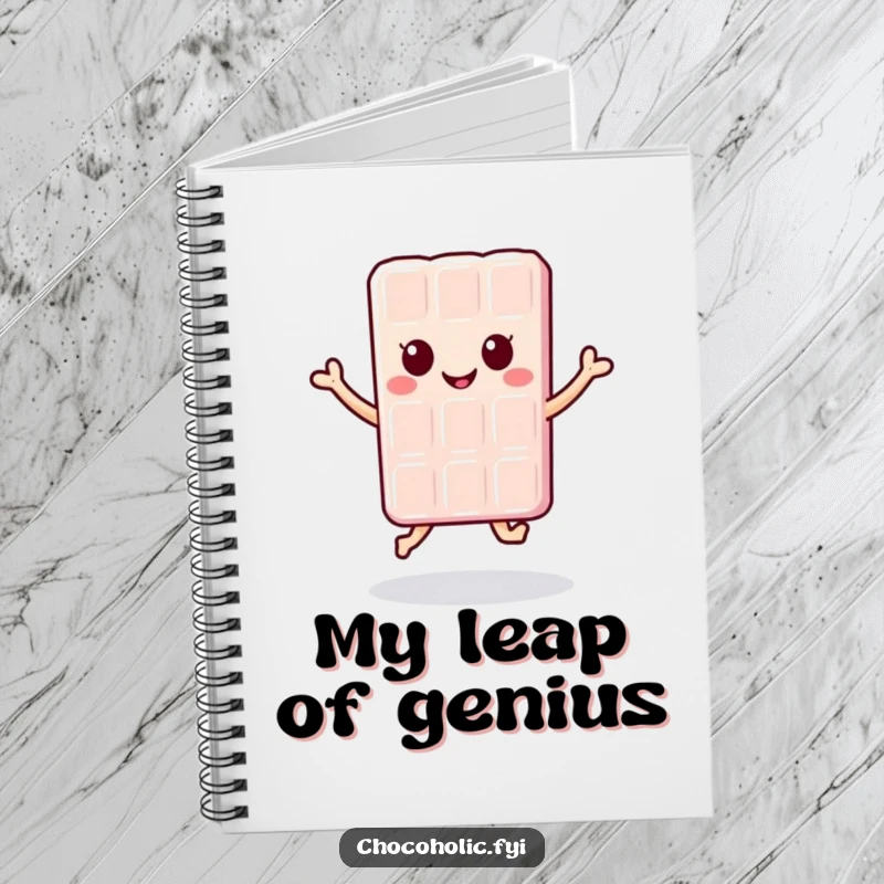 Funny kawaii chocolate bar character in a happy jump on a notebook cover, perfect for jotting down thoughts with a smile.