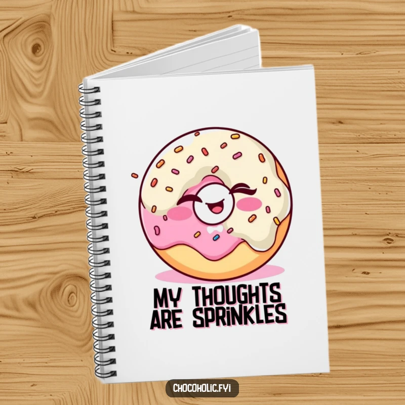 Funny Kawaii donut character winking and juggling sprinkles on the cover of a notebook.