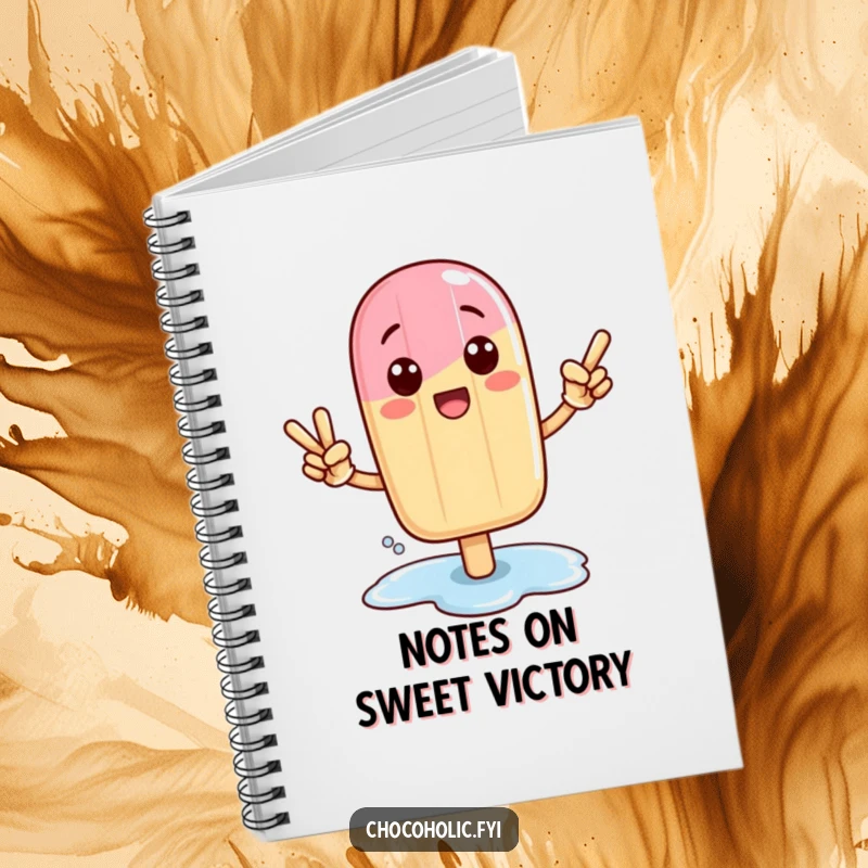 Funny Kawaii popsicle character in a victory pose with a melting puddle on a notebook cover.