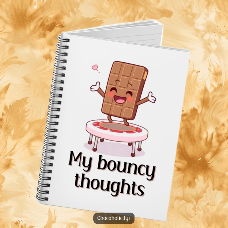 Funny notebook featuring a chocolate bar character joyfully bouncing on a marshmallow trampoline, arms wide, inspiring fun thoughts.