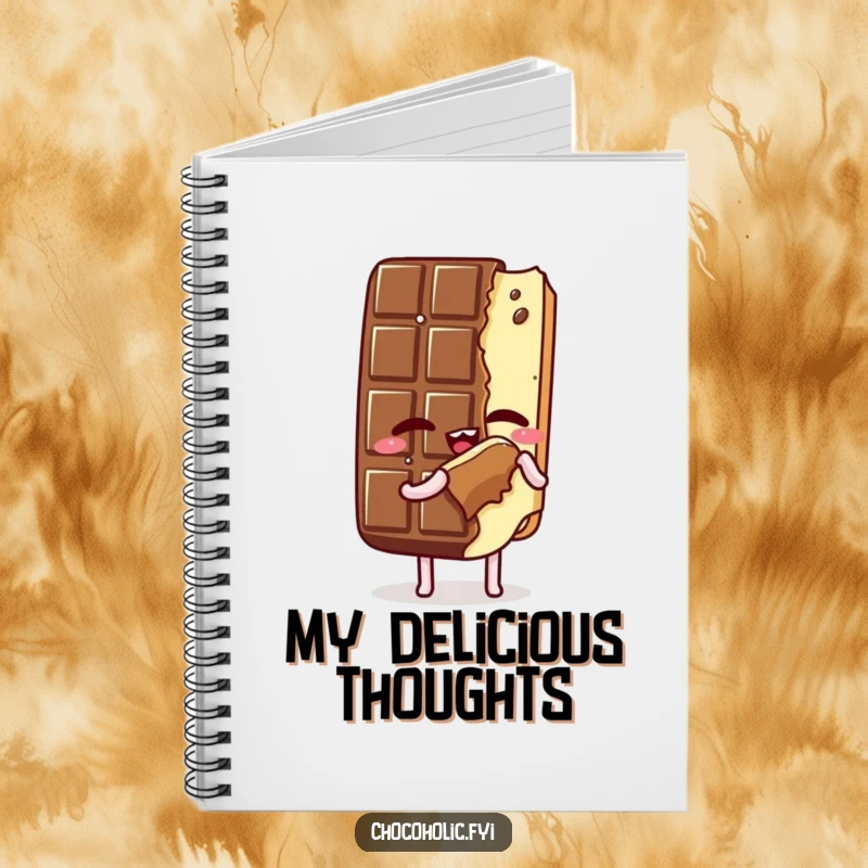 Funny Notebook: Kawaii chocolate bar character savoring a bite of itself, eyes closed, perfect for journaling with a sweet and contemplative design.