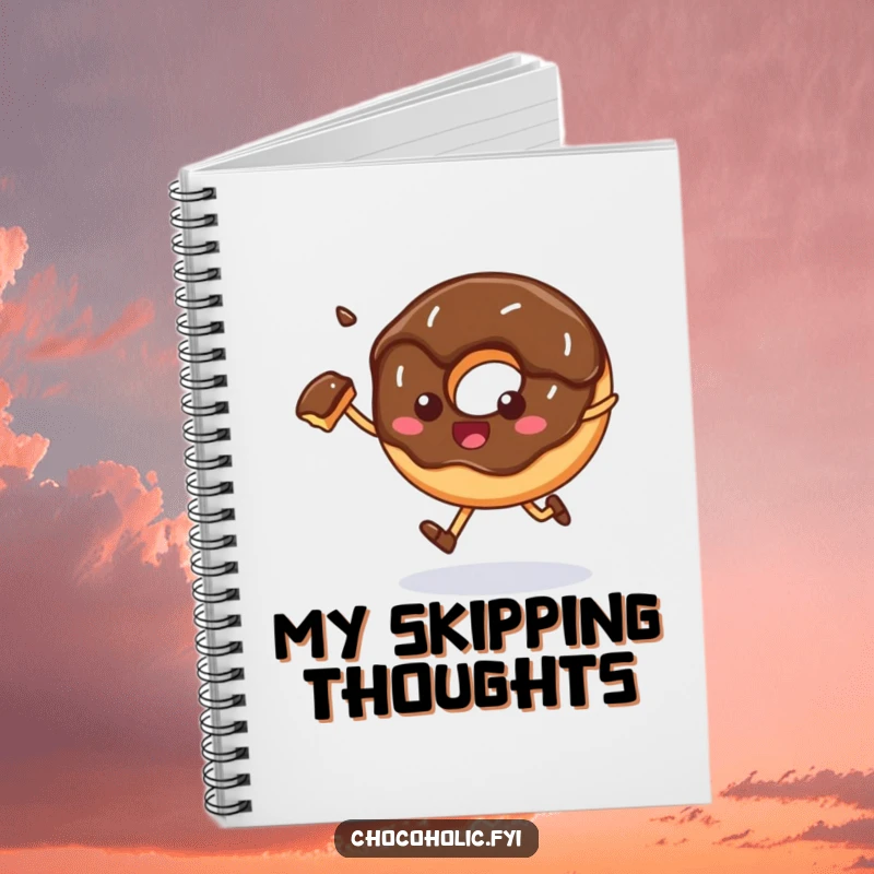 Funny Notebook: A chocolate donut happily skips with a bite taken out, perfect for jotting down sweet ideas and happy thoughts.