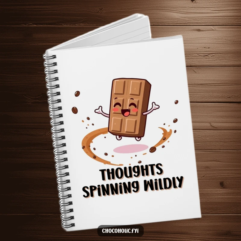 Funny notebook cover with a chocolate bar character in a joyful spin, artistically trailing cocoa dust. Inspiring and fun.