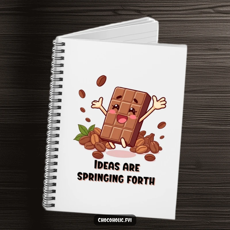 Funny notebook cover with a leaping chocolate bar character amidst cocoa beans, inspiring energetic note-taking.