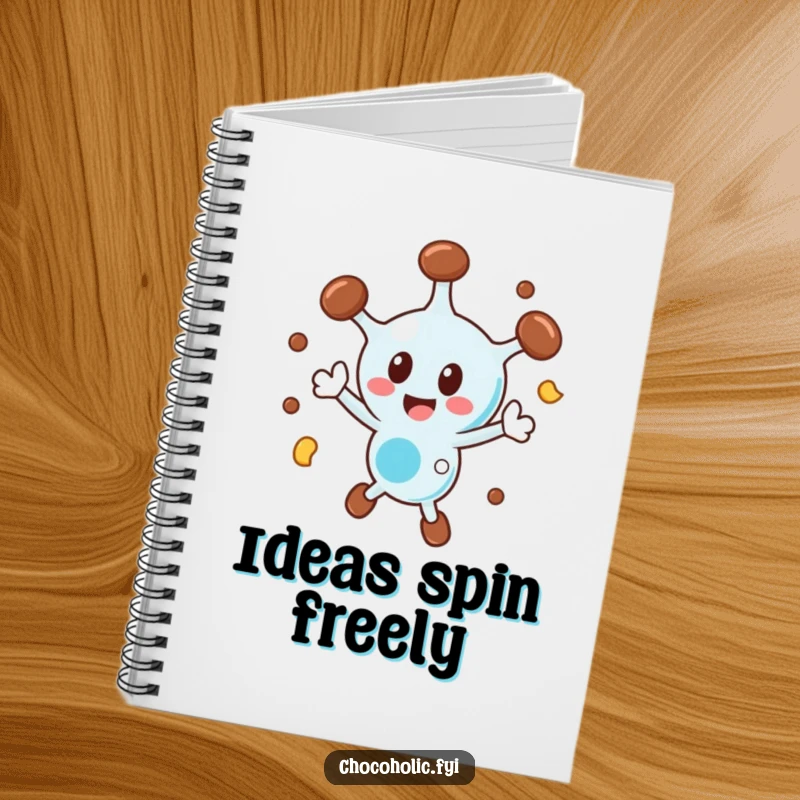 Funny chocolate molecule notebook with a character spinning ecstatically, perfect for jotting down exciting ideas.