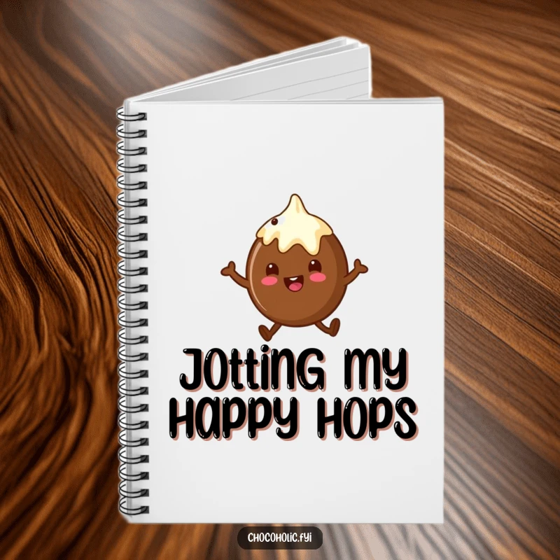 Funny chocolate truffle notebook with a character doing a little happy hop, ideal for jotting down sweet ideas.