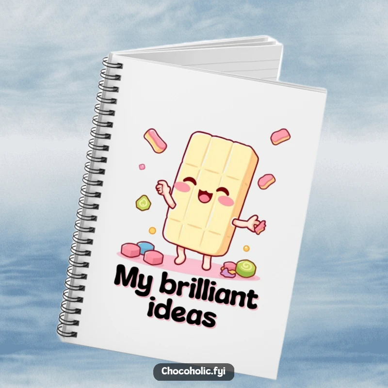 Funny kawaii candy bar character, juggling smaller candy pieces playfully, on a notebook cover, for capturing sweet thoughts.