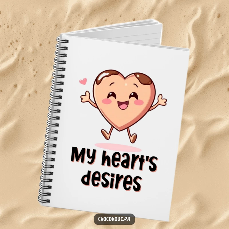 Funny notebook with a chocolate heart character bouncing with glee, ideal for notes and journaling.