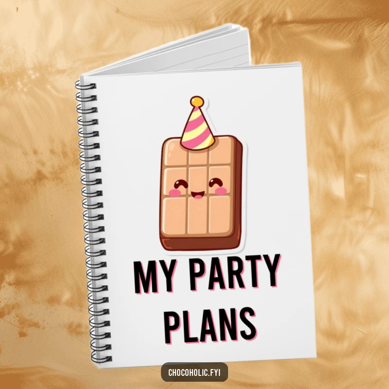 Funny Notebook with a smiling chocolate bar wearing a tiny party hat, inspiring cheerful note-taking. A sweet and practical item.