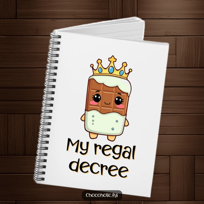 Funny notebook cover with a regal chocolate bar character wearing a crown, inspiring noble writing and grand ideas.