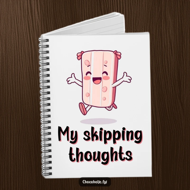 Funny kawaii candy bar character skipping joyfully with arms outstretched on a notebook cover, perfect for capturing happy thoughts.