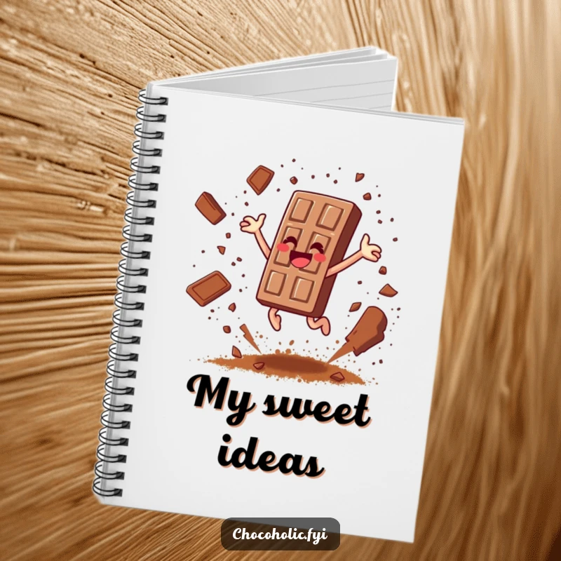 Funny chocolate bar character leaping joyfully, scattering cocoa powder like confetti on a notebook, ready for ideas.