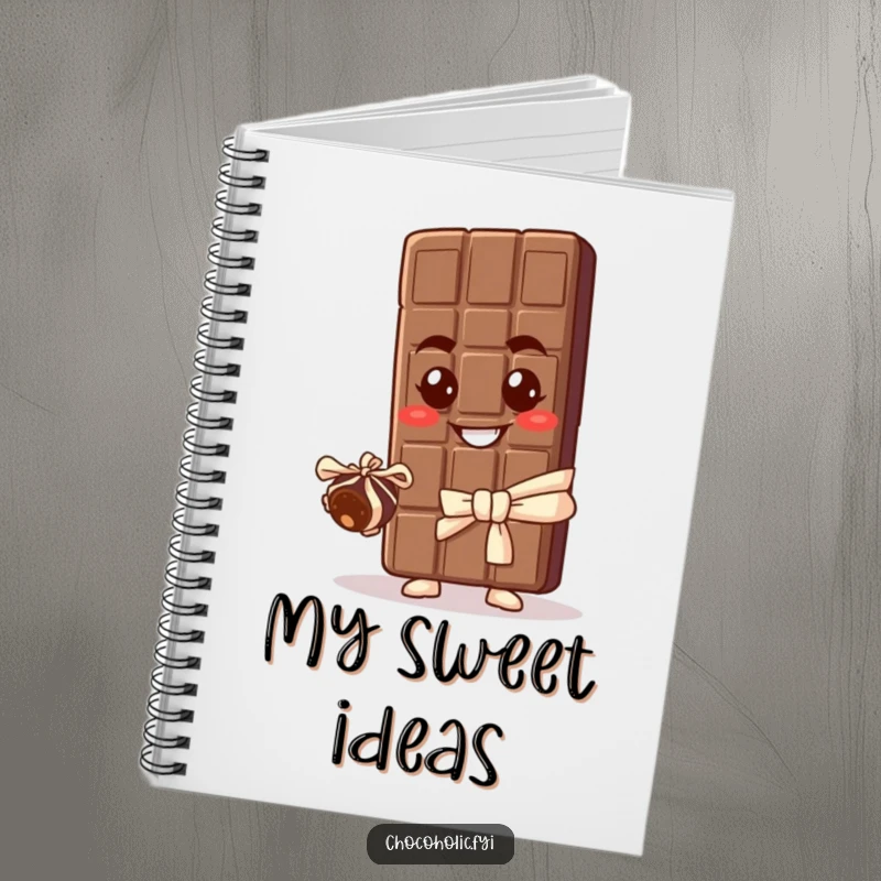 Funny notebook with a chocolate bar character offering a perfectly wrapped truffle, ideal for jotting down sweet ideas and humorous thoughts.