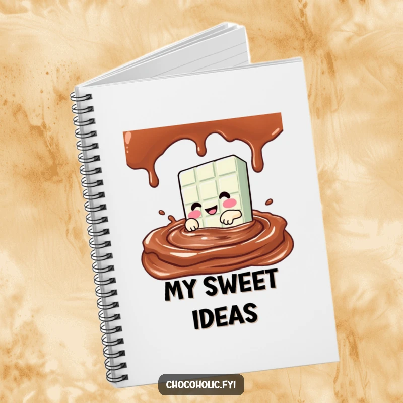 Funny Kawaii chocolate bar character diving into a pool of chocolate sauce on the cover of a fun notebook.