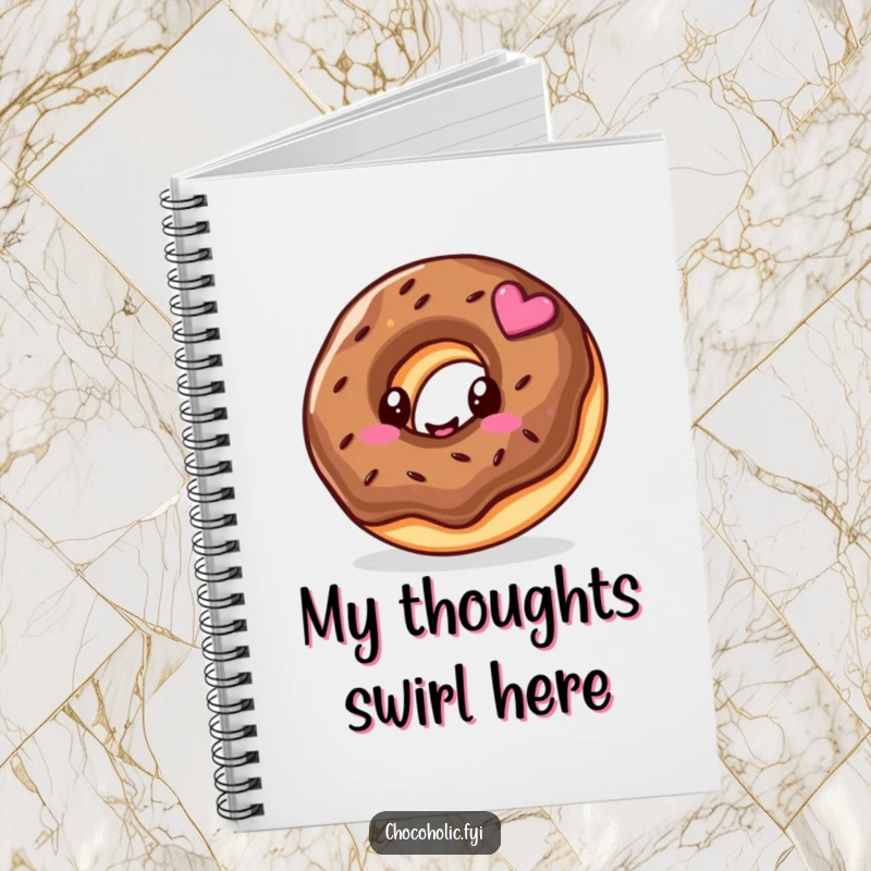 Funny notebook with a kawaii chocolate donut character and a prominent happy swirl, for jotting down sweet ideas.