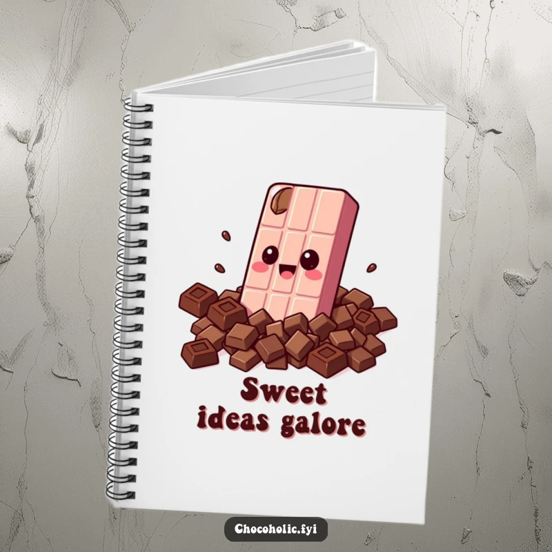 Funny notebook cover illustrated with a kawaii chocolate bar character with wide eyes, joyfully hugging chocolate pieces, inspiring sweet ideas.
