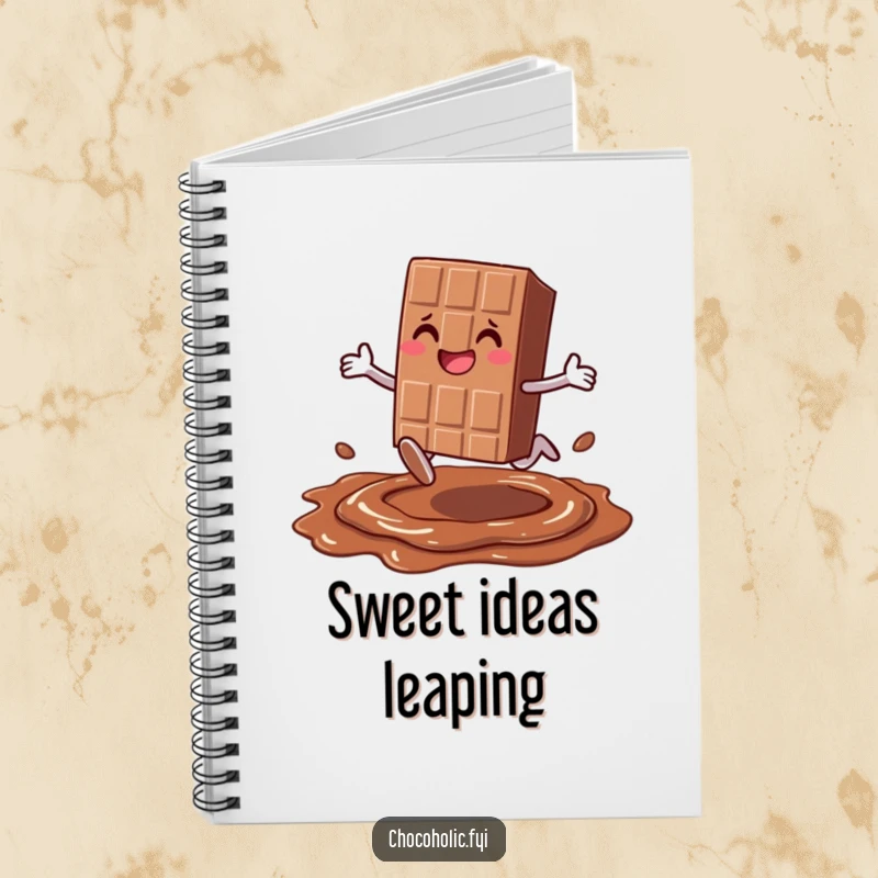 Funny smiling chocolate bar character with legs joyfully leaping over melted chocolate, adorning a notebook for sweet and inspired note-taking.