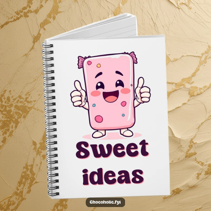 Funny Kawaii candy bar character giving a double thumbs-up on a notebook cover, inspiring positive writing.