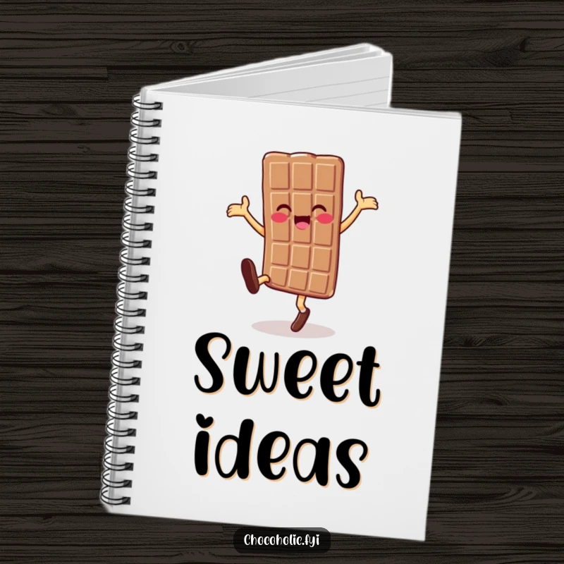 Funny chocolate bar character doing a cartwheel on a notebook cover, inspiring sweet and happy thoughts.
