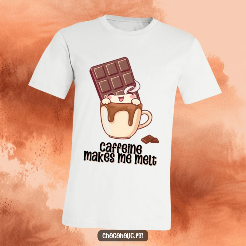 Funny t-shirt featuring a chocolate bar character delightedly peeking over a small, steaming mug, perfect for beverage lovers.