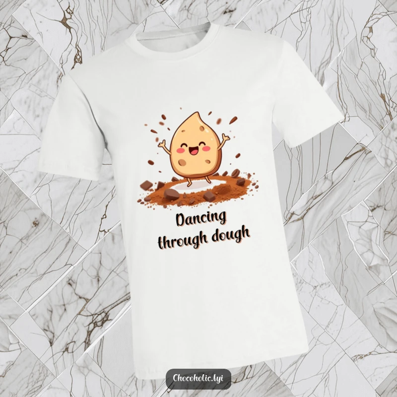 Funny chocolate chip character with tiny legs doing a happy dance and scattering cocoa powder on a t-shirt.