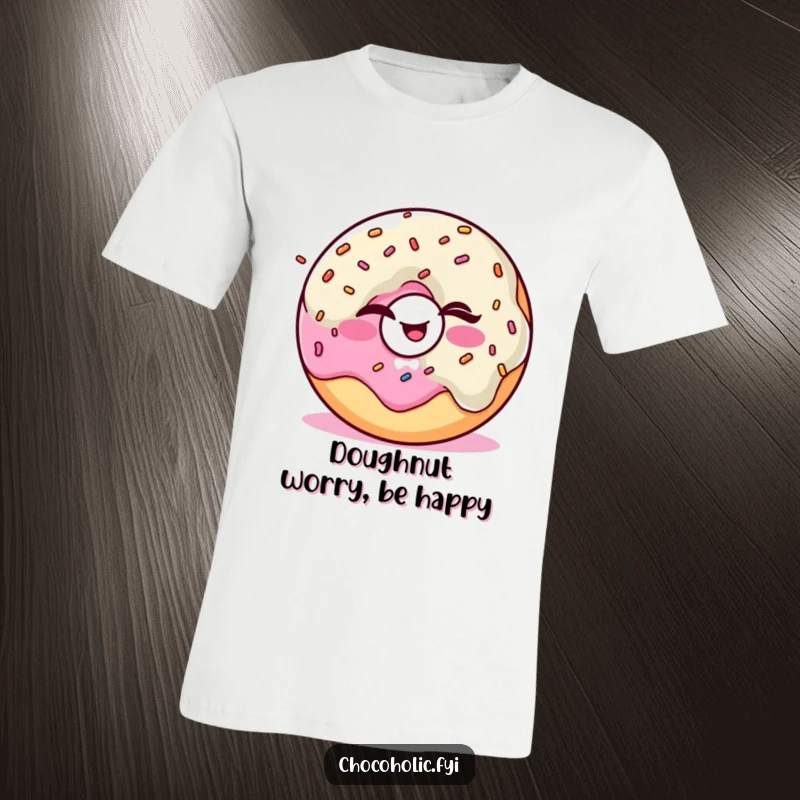 Funny Kawaii donut character winking and juggling tiny sprinkles, printed on a fun t-shirt.