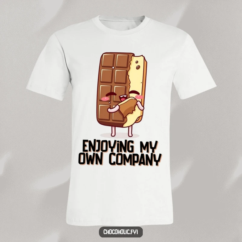 Funny T-Shirt: Kawaii chocolate bar character with eyes closed, savoring a bite of itself, radiating pure contentment and self-love, a unique apparel gift.