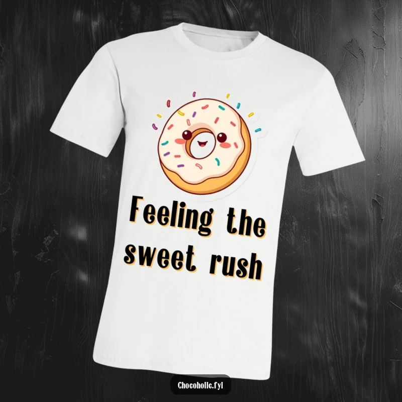 Funny kawaii donut character, spinning with sprinkles flying, on a t-shirt, expressing pure delight.