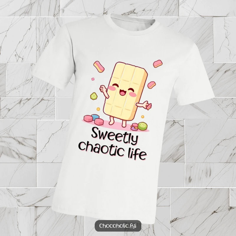 Funny kawaii candy bar character, juggling smaller candy pieces playfully, on a t-shirt, showcasing sweet talent.