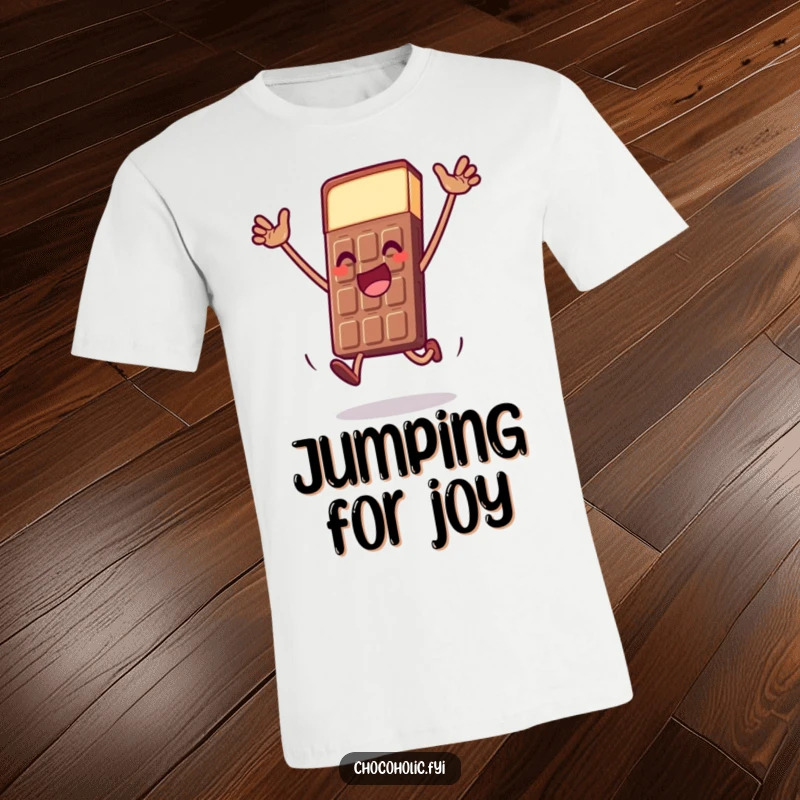 Funny chocolate bar t-shirt featuring a character doing a dramatic, joyful leap, symbolizing energetic celebration.
