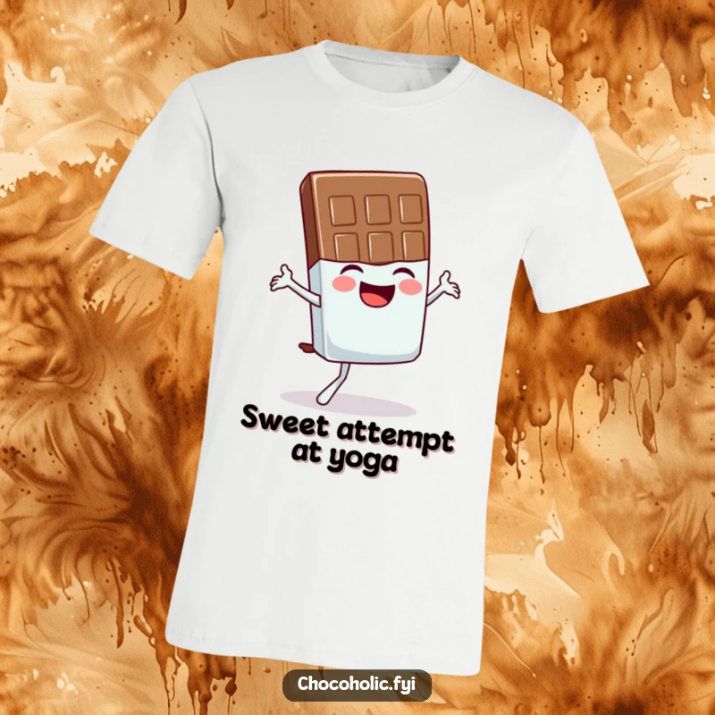 Funny t-shirt with a giggling chocolate bar character in a comically unstable yoga pose, radiating pure amusement.