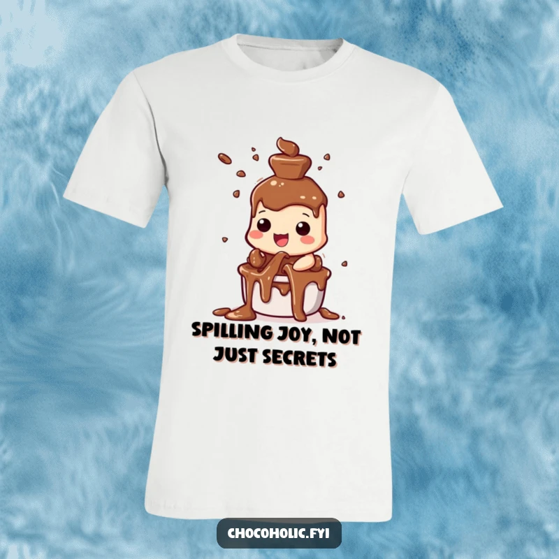 Funny chocolate fountain t-shirt featuring a character joyfully spraying streams of chocolate, embodying pure, unadulterated happiness.