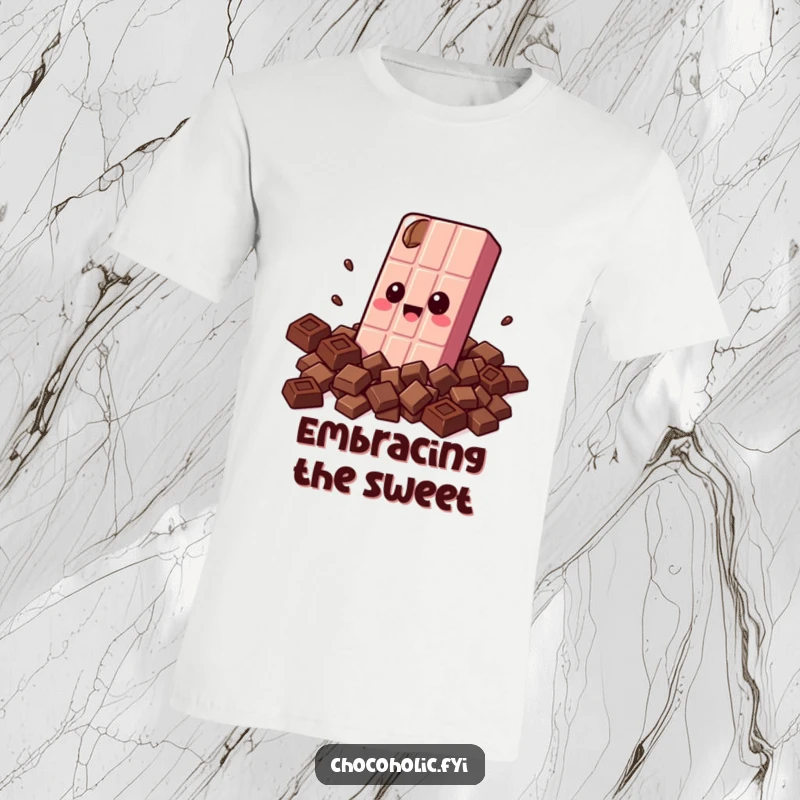 Funny t-shirt graphic of a kawaii chocolate bar character with wide, happy eyes, embracing a pile of smaller chocolate pieces.