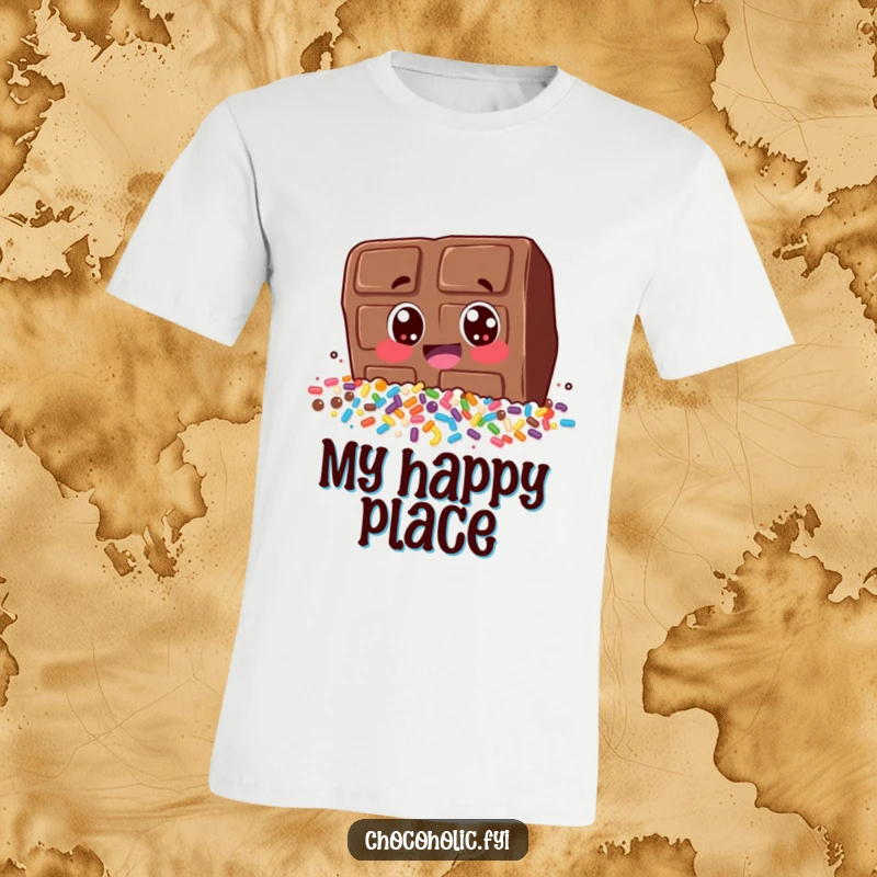 Funny t-shirt featuring a chocolate bar character joyfully diving headfirst into a massive pile of vibrant sprinkles. A celebration of indulgence.