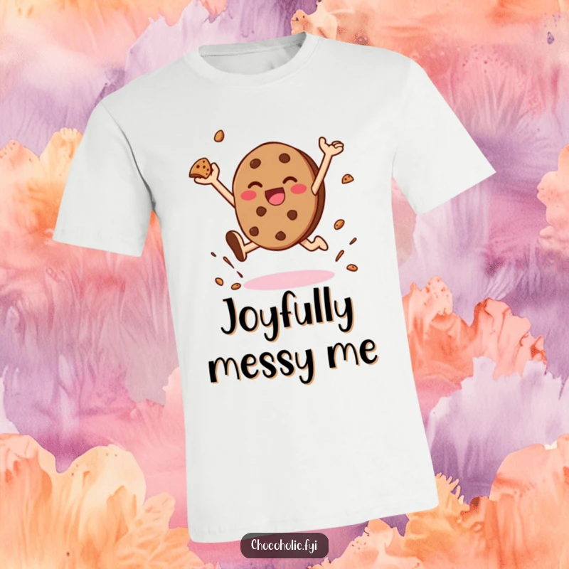 Funny t-shirt showing a kawaii chocolate cookie character in mid-leap, joyfully throwing cookie crumbs, radiating happiness.