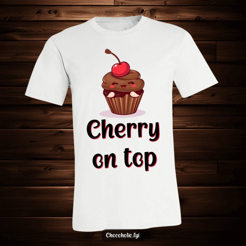 Funny T-Shirt showcasing a delightful chocolate cupcake with a cherry in a cute, playful pose. A sweet and amusing wearable art piece.