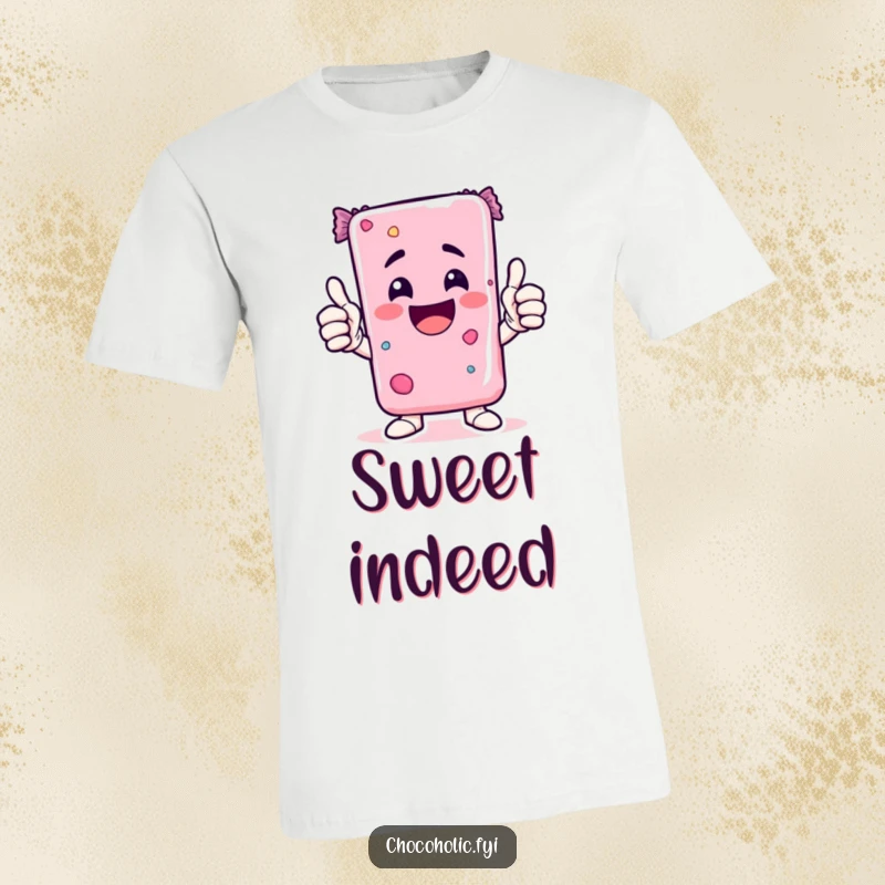 Funny Kawaii candy bar character giving a double thumbs-up, expressing excitement on a humorous t-shirt.