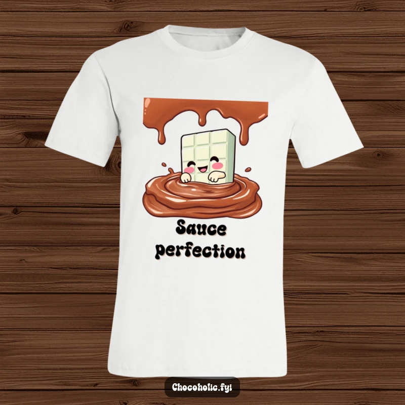 Funny Kawaii chocolate bar character diving into a pool of chocolate sauce on a fun and expressive t-shirt.