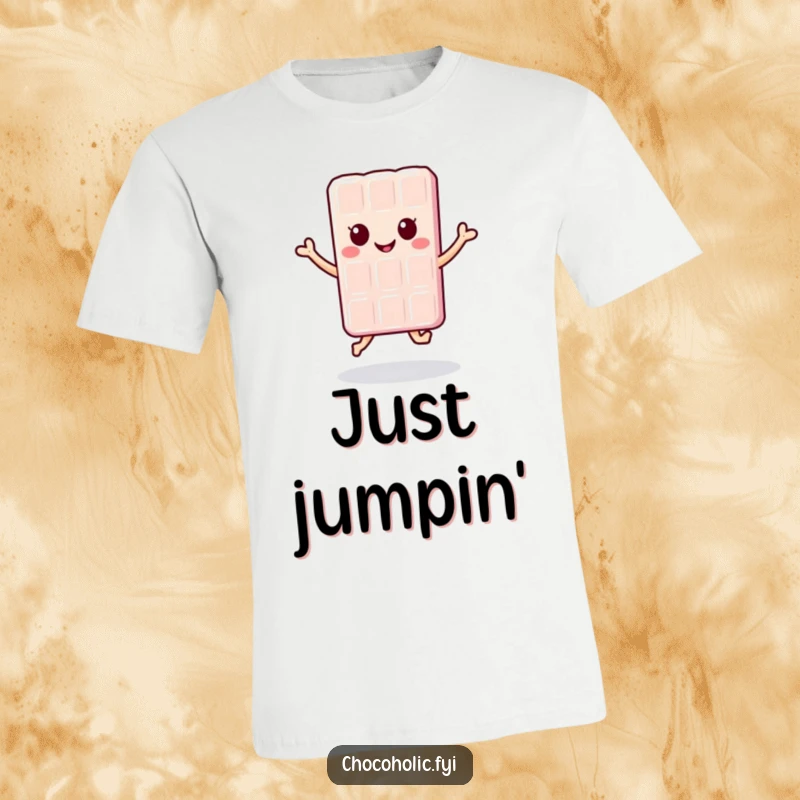 Funny kawaii chocolate bar character in a joyful jump pose on a t-shirt, expressing happiness and fun, great for gifts.