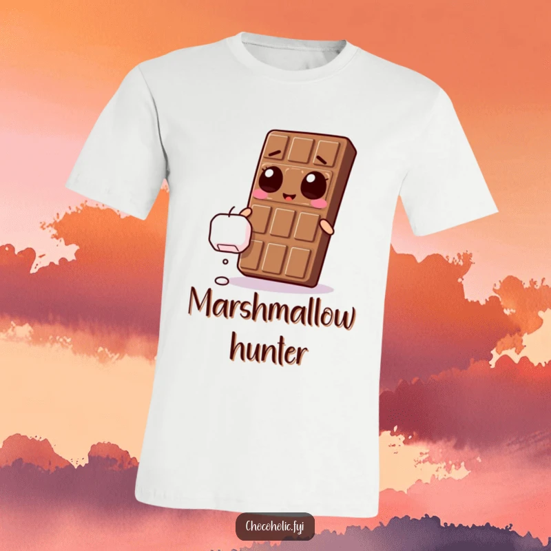Funny Kawaii chocolate bar with ecstatic eyes, reaching for a falling marshmallow on a fun t-shirt.