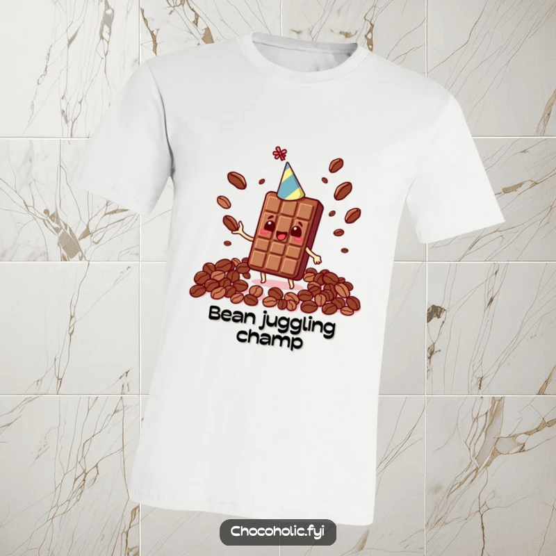 Funny Kawaii chocolate bar in a party hat, expertly juggling cocoa beans on a cool t-shirt.