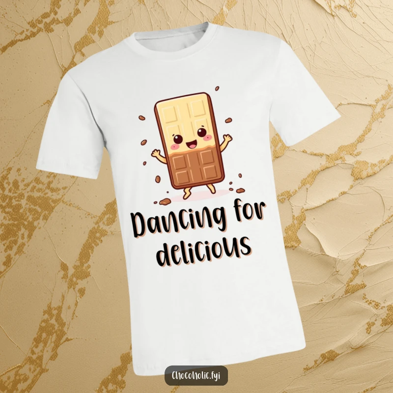 Funny T-Shirt: Kawaii chocolate bar character gleefully dancing, shedding tiny crumbs, radiating pure happiness and sugary delight, a unique apparel gift.