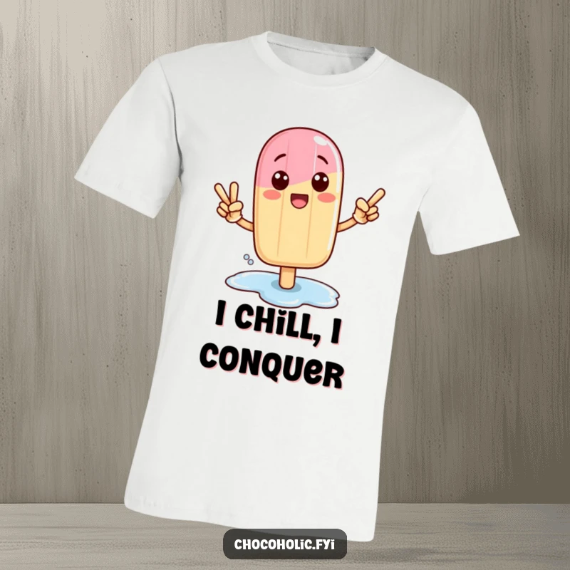 Funny Kawaii popsicle character in a confident victory pose, with a melting puddle, on a t-shirt.