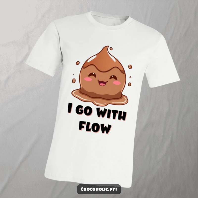 Funny t-shirt with a melting chocolate puddle character sporting a big, goofy grin, perfect for casual fun.