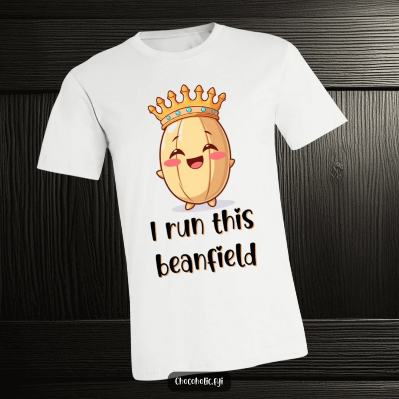 Funny t-shirt with a cocoa bean wearing a crown, looking extremely happy and regal, perfect for casual wear.