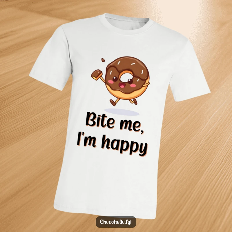 Funny T-Shirt: A chocolate donut with a missing bite happily skips along, embodying carefree fun and sweetness.