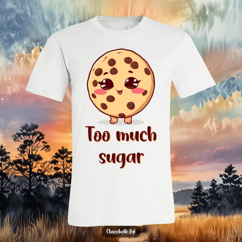 Funny t-shirt depicting a chocolate chip cookie character with crossed eyes, buzzing with sugar rush energy.