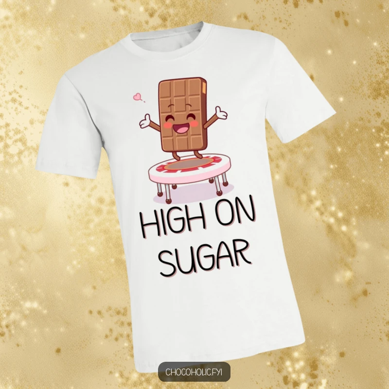 Funny t-shirt featuring a chocolate bar character joyfully jumping on a marshmallow trampoline with arms outstretched, radiating pure fun.