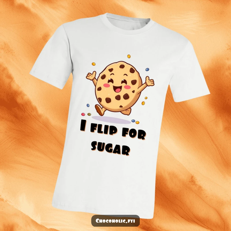 Funny chocolate chip cookie t-shirt character doing cartwheels with tiny candies, expressing pure joy and energetic playfulness.