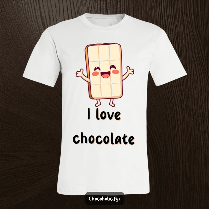 Funny Kawaii chocolate bar character with a big smile dancing joyfully on a fun t-shirt.